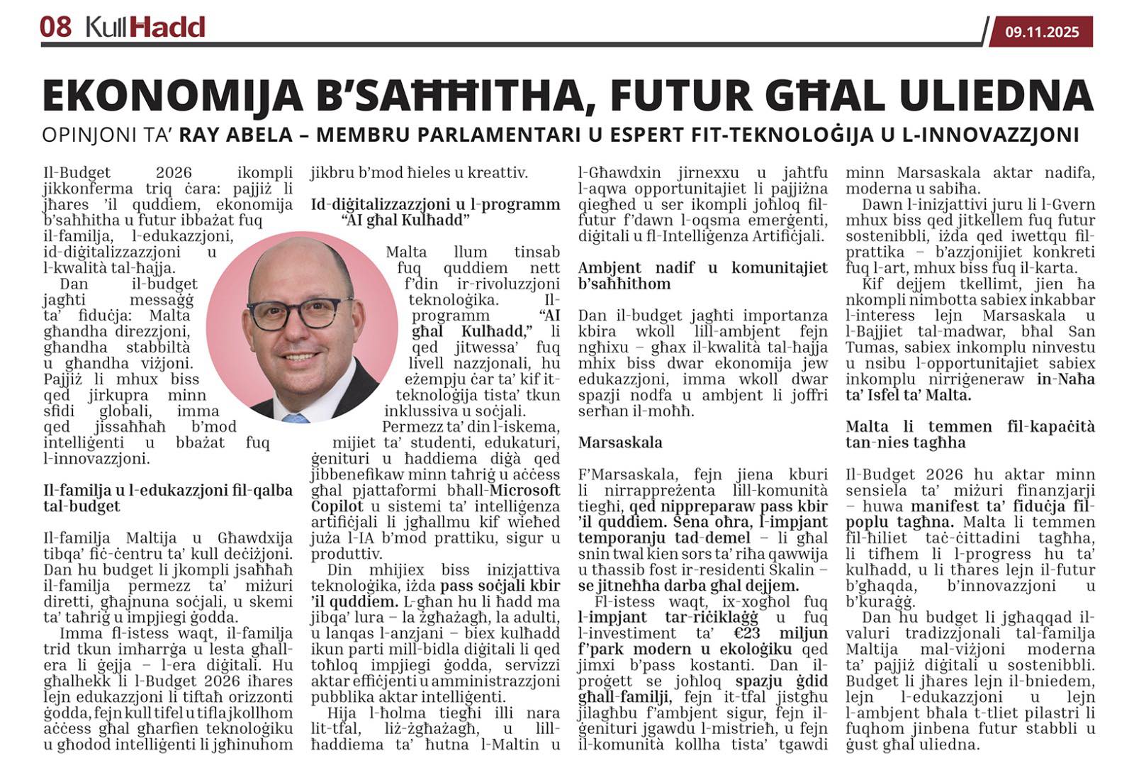 Ray Abela — article excerpt, Kullħadd, November 9, 2025